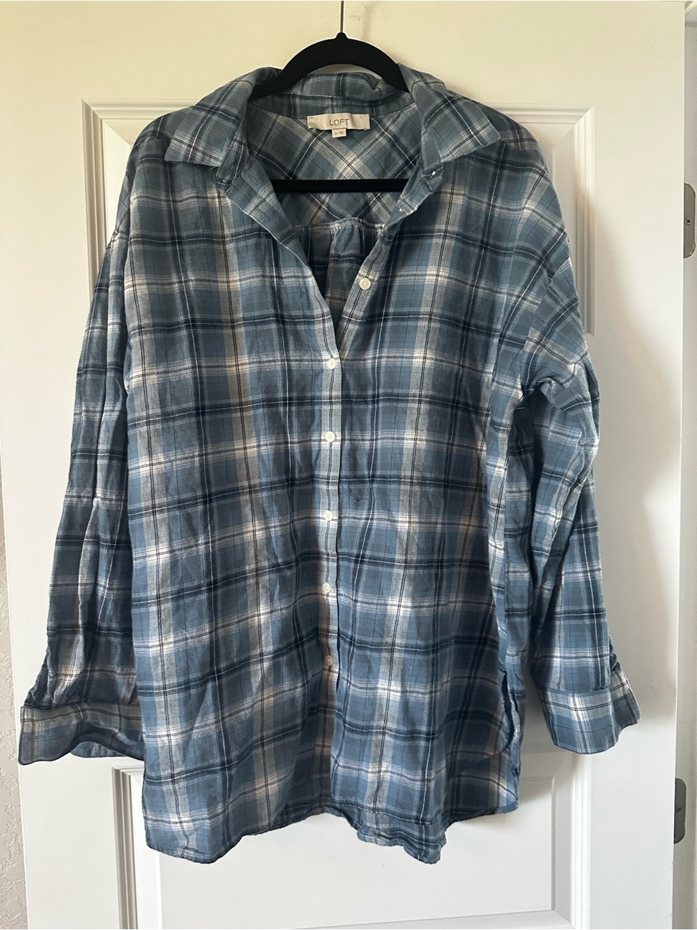 LOFT Blue White Plaid Lightweight Button-Down Shirt